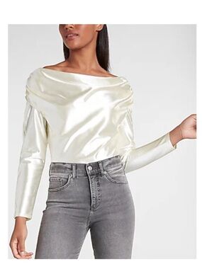 Express Ivory Sateen Long Sleeve Drape Bateau Satin Blouse with Ruching